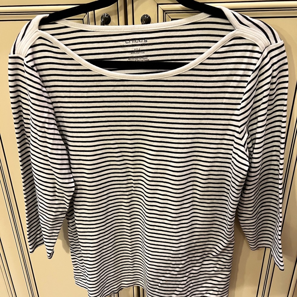 Chico's Classic Black and White Striped Long Sleeve Top